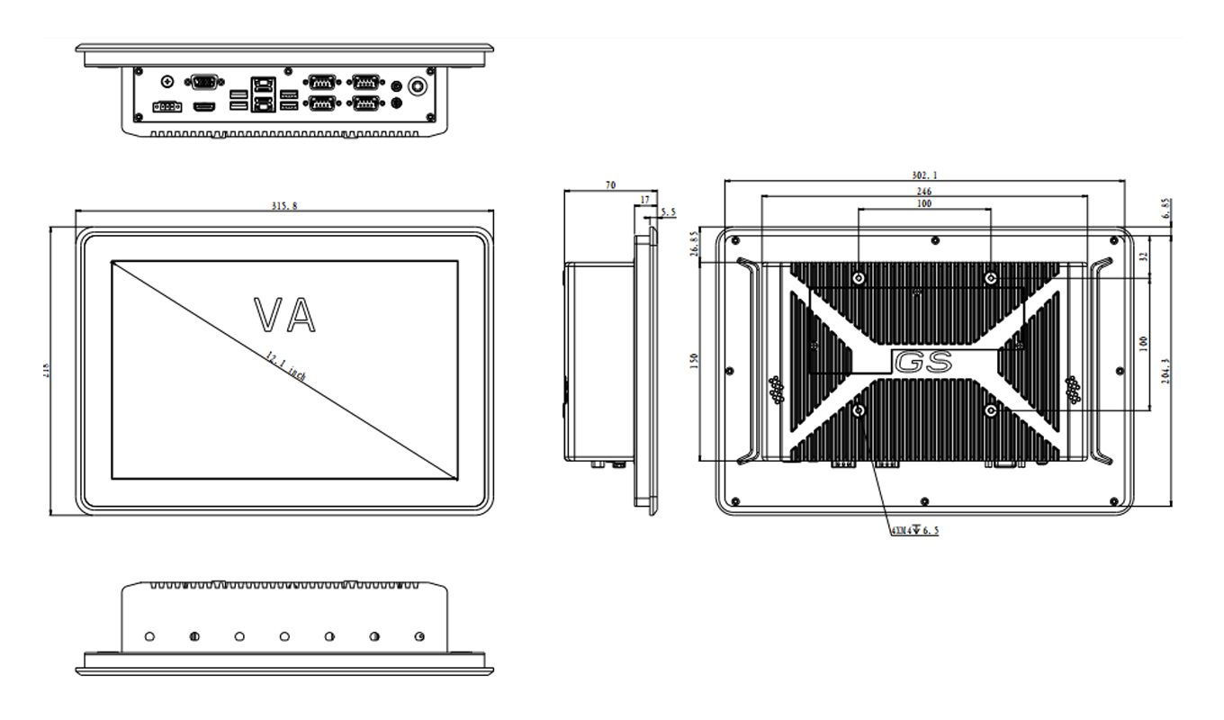 Dimension of 12 Inch Intel® Core™ 8th I3/I5/I7 Cableless Capacitive Panel PC